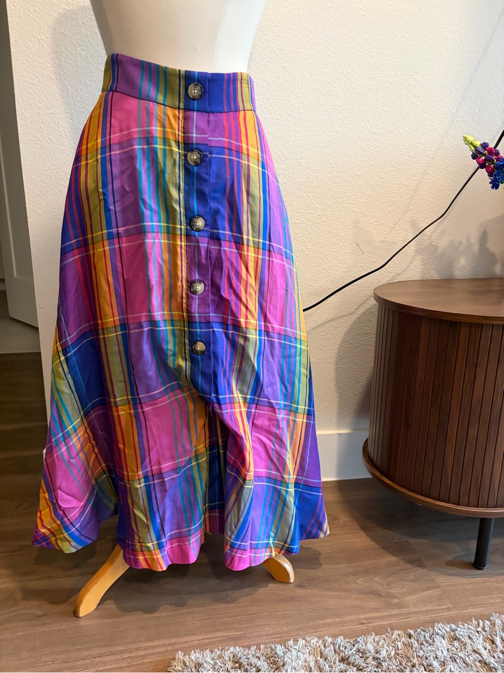 Ann Taylor Multicolor Plaid Midi Skirt - Pink, Blue & Yellow